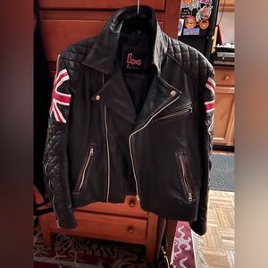 Black leather biker jacket with union jacks on shoulders all zippers working “S”